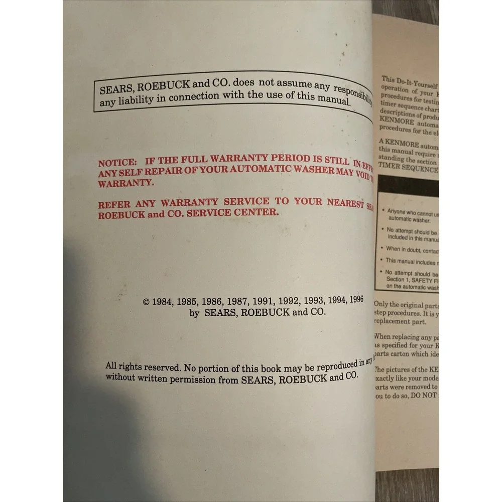 Sears Kenmore Automatic Washing Repair Manuel Do-it-yourself Booklet